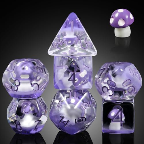 Mushroom Resin Dice Set D&D, DNDND 7PCS D&D Dice Set with Gift Velvet Bag for Dungeons and Dragons Role Playing Games and Tabletop Games(Purple Mushroom