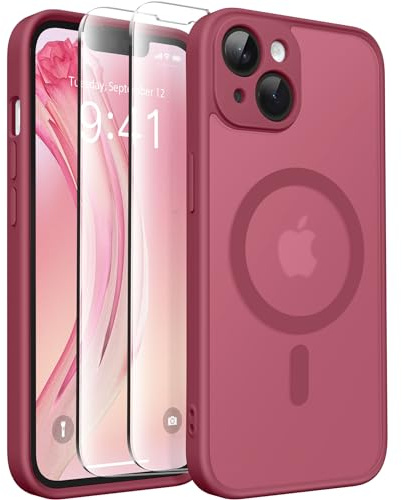 CAPRARO Magnetische für iPhone 14 Hülle,[Kompatibel mit MagSafe] [Vollständiger Schutz der Kamera] [14FT Fallschutz] Stoßfester Schutz Schlank Durchscheinende Matte Hülle für iPhone 14,Rosenrot