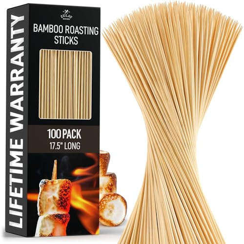 Zulay Kitchen Lot de 100 brochettes en bois de bambou – Bâtons à rôtir à la guimauve de 44,5 cm et brochettes de barbecue pour feu de camp – Bâtons de bambou authentiques et bâtons de smores pour