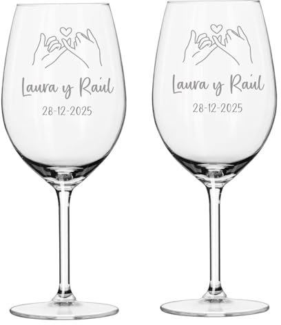 2 Copas de Vino Personalizada - Copa de Cristal Grabada para Vino con el Nombre o Texto que quieras - Sois los siguiente - Copas para novios, aniversarios (2, Manos corazon)