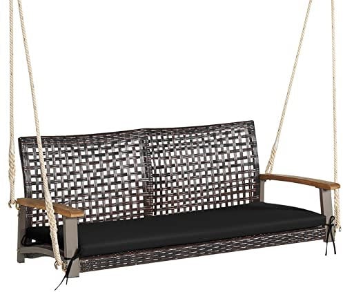 COSTWAY Schaukelbank 2-Sitzer, Hängebank PE-Rattan mit Kissen, Gartenschaukel zum Aufhängen, bis 360 kg, Hollywoodschaukel mit Akazienholz-Armlehnen, Schaukel für Garten Balkon Veranda (Schwarz)