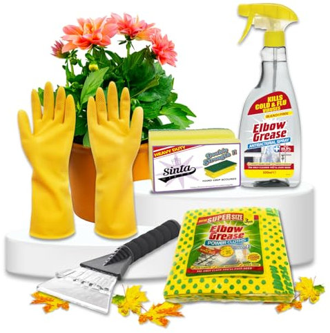 Fridge & Refrigerator Cleaner Kit | Elbow Grease Anti-Bac Spray 500ml, Power Cloths Super Size 3pk, 1pc of Handgrip Scourer, Rubber Gloves and Ice Scraper | Kitchen Surface Cleaner