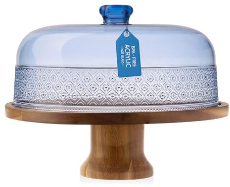Godinger Tortenständer, Tortenplatte mit Fuß, mit Kuppel, Akazienholz und bruchsicherem Acryl-Deckel, Holz-Kuchenständer mit Kuppel, Vintage-romantisches Dekor, Blau