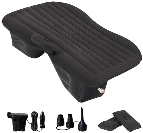 SUV Air Mattress – Thickened and Double Sided Air Mattress, Flocking, Travel, Inflatable Car Mattress Bed with Electric Air Pump and 2 Pillows, Car Sleeping Bed for Home, Outdoors, and Travel (Black)