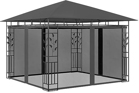 Homgoday Pavillon mit Moskitonetz 3x3x2,73m Anthrazit 180g/m², Outdoor Gartenunterstand für Terrassen, Hinterhof und Rasen Partyzelt Eventzelt Festzelt Vordach