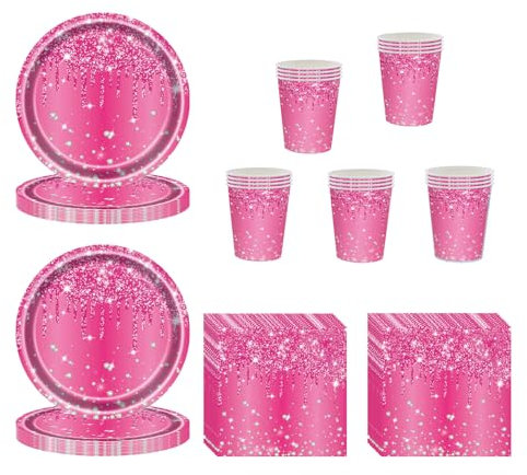 60 Pcs Hot Pink Party Tableware Set for Her,Girl,Women,Rose Red Paper Plates Paper Cups and Napkins,Sparkling Pink Paper Dinnerware Kit for Birthday Tableware,Wedding,Baby Shower Party Pink Tableware