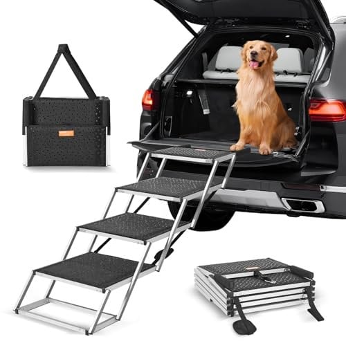 VEVOR Escalier pour chien 4 marches, rampe voiture pour chiens pliable, charge 113 kg, surface antidérapante, aluminium léger, large marchepied portable pour animaux de compagnie, voiture, SUV, camion