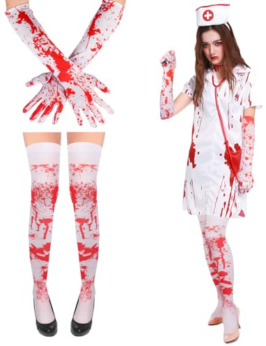 Oemmn Halloween Blutige Handschuhe Und Socken Set - Sexy Krankenschwester Kostüm Accessoire Set Mit Unheimlichen Overknee-Strümpfen Und Blutflecken