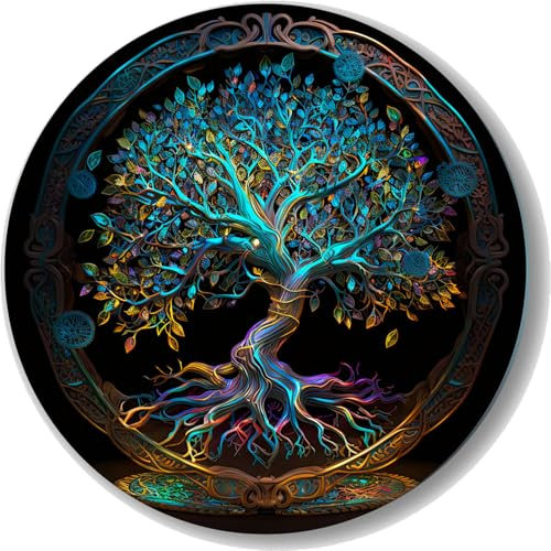 UVTECHPRINT Glasbild Wandbild Heimdekoration rund Lebensbaum Blau 80x80 cm Wohnzimmer Kunstdruck Bilder auf Glas