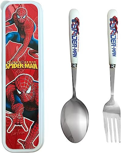 Juego de Cuchara y Tenedore para Niños, Spiderman Cubertería infantil Acero Inoxidable con 1 Cuchara 1 Tenedore con Caja de Cubiertos, Cubiertos Bebés Personalizados para Uso en el Hogar y la Escuela