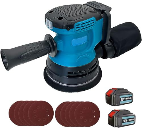 Akku-Exzenterschleifer, Ersatz für Makita 18V Akku, mit 2x 5.5AH Akku,mit 12 pcs Schleifpapier (Körnung 80/120/240, 8 Löcher, 125mm Schleifteller),7500-15000RPM