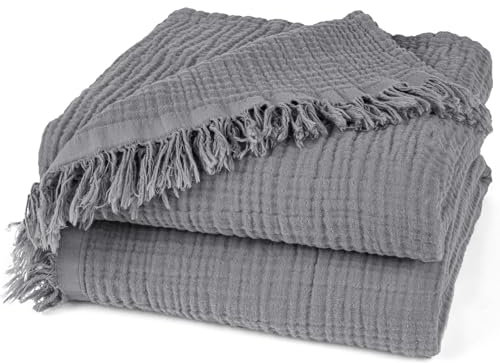 Pure Label Musselin Decke 130x170 cm - Oeko-Tex zertifizierte Kuscheldecke aus 100% Baumwolle | Musselin Wohn- & Kuscheldecke für Couch und Sofa in | 130 x 170 cm, Farbe der Decke Dunkelgrau