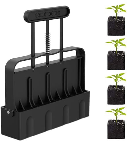 Manuelle Erdballenpresse Anzucht, Erdtopfpresse Bodenblocker für 4 Soil Block von 5 x 5cm, Handgehaltener Bodenblocker mit Sämaschine und Handschuhen, Stahlkugelstopfen für Pflanzung Transplantation