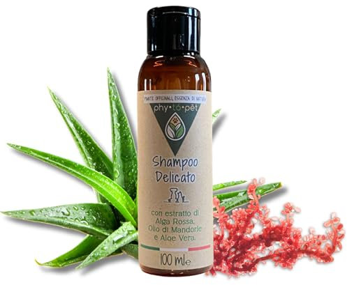 phy to pet | Shampoo Delicato Lenitivo per Cani e Gatti con Cute Sensibile - Azione Idratante e Detergente contro Irritazioni - Formulato con Aloe Vera ed Estratto di Alga Rossa - 100 ml