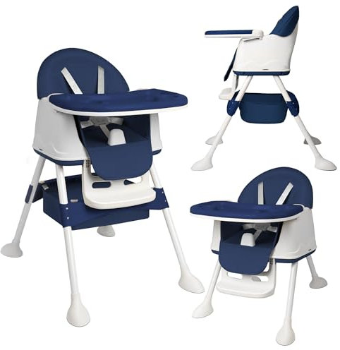 NAIZY Kinderhochstuhl Baby Hochstuhl 3 in 1 Multifunktionen Essen Kinderstuhl mit 5-Punkt Sicherheitsgurt & Doppeltablett & Abnehmbares Kissen Kombihochstuhl, Blau
