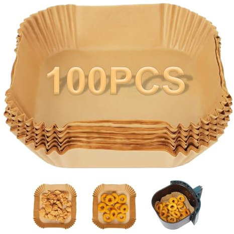 Carta da forno per friggitrice ad aria, 100 fogli - 22 x 14 cm Teglie da forno usa e getta - Non sbiancata, per uso alimentare, senza BPA, antiaderente, impermeabile, resistente al grasso