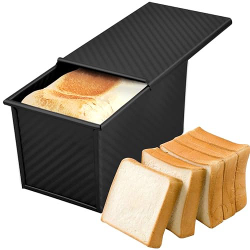 Molde para Pan con Tapa, Molde de Tostadas de Acero al Carbono, 19.2x10.2x11,5 cm Pan Pullman Rectangular, 450g, Antiadherente, de Acero al Carbono para Hornear, Pasteles (Negro)