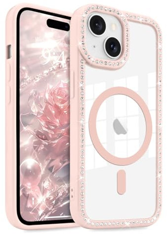 LCHULLE Magnetic Case for iPhone 14 Plus/15 Plus,[Compatible with MagSafe] Clear Cute Glitter Bling Diamond Case,Women Girls Sparkly Camera Lens Protector Cover for iPhone 14 Plus/15 Plus,Pink