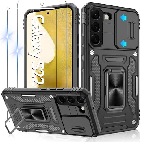Jshru Handyhülle für Samsung Galaxy S22 Hülle Kameraschutz mit 2 Stück Schutzfolie Militärstandard Stoßfest Sturzsichere Schutzhülle 360° Metall Ring Ständer Case für Galaxy S22,Schwarz
