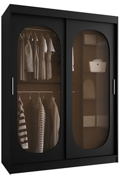 Mirjan24 Kleiderschrank Bimaza 150 mit Schubladen und Glastüren - Rauchglas, Schiebetürenschrank mit einlegeböden und Kleiderstange, Garderobenschrank (Schwarz, ohne Beleuchtung)