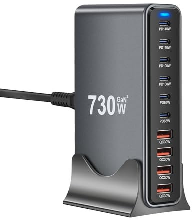 730W Caricatore Multiplo, alimentatore USB C Multiplo,10 porte GaN3 con 6USB-C + 4USB-A, Caricatore Multi-Dispositivo Per Laptop, MacBook, iPad, iPhone 16/15/14/Samsung S25/S24 Ultra