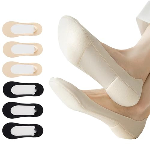AYPOW 6 Paia Calzini Fantasmini Ultra Fodera Bassa Donna con Cuscinetti in Spugna per Tacchi Alti, Assorbire il Sudore Fondo in Cotone Traspiranti Calzini Invisibili con Gel Antiscivolo, Calze Barca