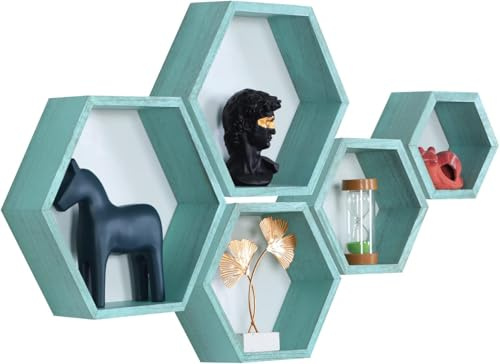 MITREL Hexagon Wandregal, Wohnzimmer Deko Wand, Holz Hängeregal für Schlafzimmer, 5er-Set(Blau)