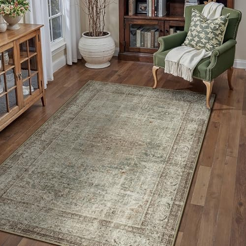 PureCozy Vintage Waschbarer Grün Braun Teppich Wohnzimmer 80x150cm Teppiche | Weich Kurzflor Groß Carpet, Rutschfest, Leicht, Schlafzimmer, Esszimmer, Büro, Kinderzimmer