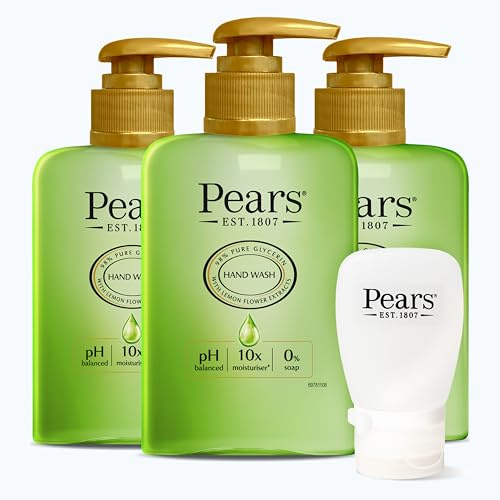 Pears Glycerin Serum Lemon Hand Wash, 250 ml, 3-Pack + Travel Bottle | Lemon flower extract, glycerin and natural oils, travel bottle included