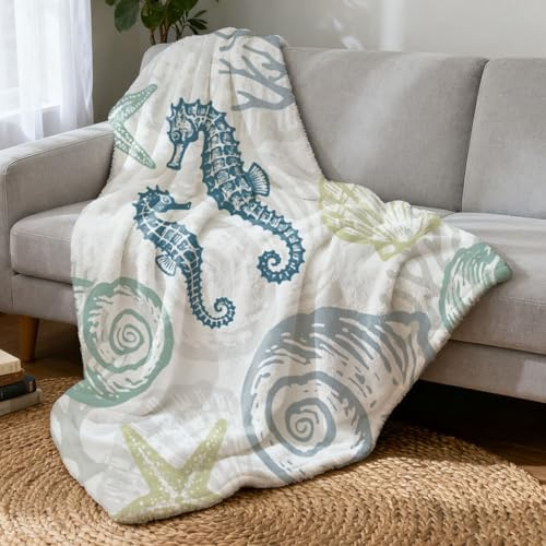 Hobbspring Weiche Dicke Flauschdecke Seepferdchen Muschel Meerestiere Decken für Couch Faser Männer Frauen Warme Dekorative Fuzzy Decke Reisen Zuhause Büro Schule Blau Grün