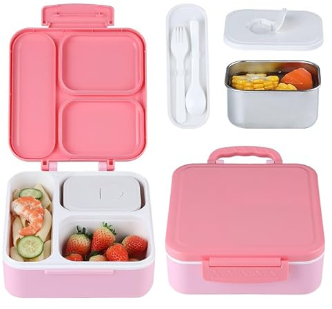 MEEYUU Bento Lunch Box with 330ML Soup Thermo, Kids Leakproof Lunch Food Containers with 3 Compartment, Kids Thermo Insulated Hot Food Jar for School, Trvael (Pink)