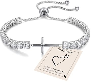 HEEYA Cross Tennis Bracelets for Women, Adjustable Cross Girls Bracelets, Religious Gifts for Women, Cubic Zirconia Jewellery Gifts for Catholic Christian Baptism Communion Everyday Faith
