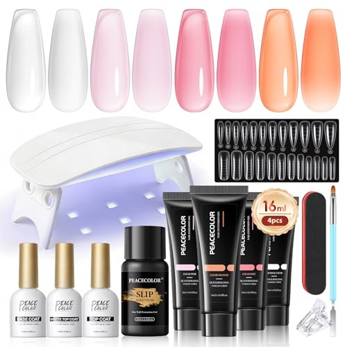 PEACECOLOR Poly Nail Gel Kit with U V Lamp, Nail Extension Gel Kit for Beginners,4 Colours Clear Pink Orange Gel Nail Kit,Nail Extension Gel Kit Glossy Matte Top Coat Manicure Gift for Women