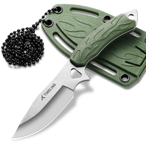 Tingling Neck Knife Messer mit Drop-Point Klinge – EDC Outdoor Messer 7 cm Stonewash Klinge aus 5Cr Stahl, Grüner ABS-Griff Campingmesser mit Kydex-Scheide und Kugelkette