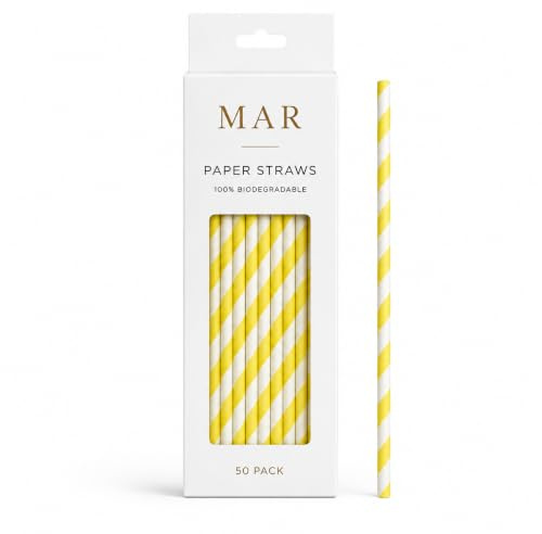 Colourful Paper Straws, Solid Stripes, 50 Pack, for Parties, Garden Parties, Summer BBQs, Birthdays | 100% Biodegradable (Yellow)