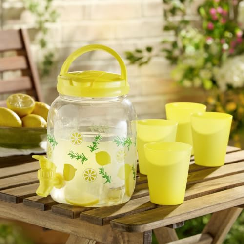 Basilico® Getränkespender mit Zapfhahn aus Kunststoff – 2,5 Liter Fassungsvermögen – Set mit 4 Bechern – sommerliches Design – leicht & robust – Ideal für die Gartenparty, Camping, Wohnwagen oder heiß