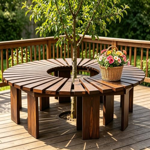 Renmlion Outdoor-Gartenbank Aus Massivem Holz Umwickelbare Baumbank，gebogener Halbrunder Rückenfreier Sitz，wetterbeständige Bänke，Lattenrost-Sitzstuhl Für Hof，Veranda，Rasen，Terrasse