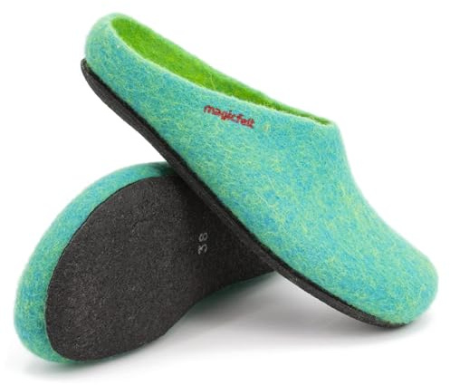 Magicfelt Filzpantoffeln 709 aus Mulesing-freier Merino-Schurwolle – Handgefertigte & anatomisch geformte Hausschuhe für Damen & Herren Größe EU 36-50 – Filzclogs mit Filz-Latex-Sohle Smaragd, 41