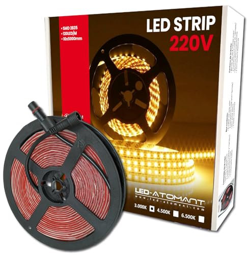 LED ATOMANT Rollo de 10 metros de Tira de Luz LED Directa a 220v, 12W/m, Color Blanco Cálido (3000K), Impermeable (IP65), Corte cada 10cm