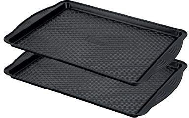 Prestige Juego de 2 bandejas antiadherentes para horno Aerolift, aptas para lavavajillas con asas extra grandes, de acero al carbono duradero, 2 bandejas de horno grandes de 44 cm x 30 cm