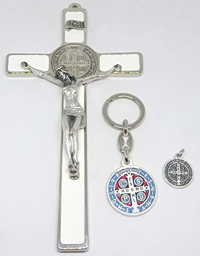 GTBITALY Set 002 Kreuz des Heiligen Benedikts, weiß emailliert, Schlüsselanhänger + Medaille Silber mit Ring Exorzismus
