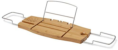 FUFU Bambus-Rollo Badewanne mit iPad-Halter, ausziehbarer Badewanne aus Bambus mit Telefon, Tablet, Weinglas-Badewannenhalter und Bücherstand für Fenster und Türen (Color : Wood)