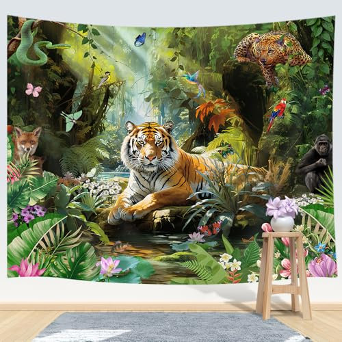 Tiger-Wandteppich, Dschungel-Wandbehang, Waldtier in tropischen Regenwaldlandschaft, Wandteppich, Kunst für Zimmer, Wohnheim, Dekoration, Wohnzimmer, Tagesdecke, TV-Hintergrund (90x70 L)