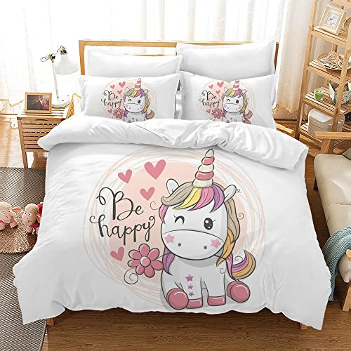 Hoimlm Einhorn Bettwäsche 135x200 Kinder Bettwäsche Set mit Bettbezug and 2 Kissenbezug, Cartoon Einhorn Mikrofaser Soft Mädchen Bettwaren mit ReiäVerschluss