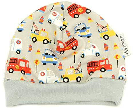 Kleine Könige Mütze Baby Jungen Beanie · Mitwachs-Funktion · Modell Autos Happy Cars, hellgrau · Ökotex 100 Zertifiziert · Größen 122/128