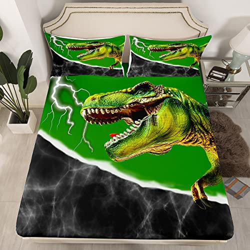 Juego de sábanas ajustables de dinosaurio 3D para niños y niñas, juego de ropa de cama 90x190 de linghtning verde gris y verde