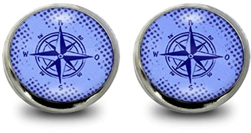 Fördeblau Maritimes Ohrstecker-Set mit kleiner Kompassrose in Blau, Nautischer Modeschmuck aus Edelstahl mit Glas-Cabochon, 12mm, modische maritime Geschenkidee für Damen