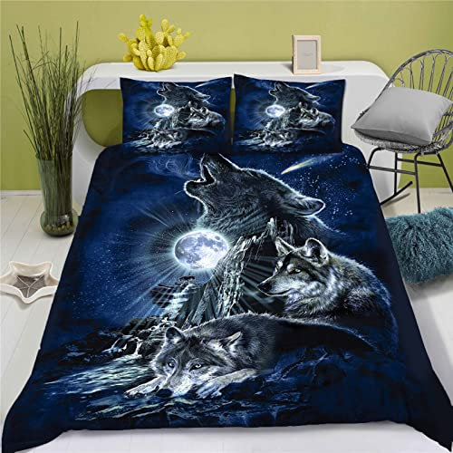 Doiicoon Galaxy Wolf Bettbezug Set, Wild Collection Wolf Einzelne Duvet Set, Wolf Bettwäsche 135x200 cm schwarz Blue Moonlight Stars, 100% Microfaser (1,135 x 200 cm)