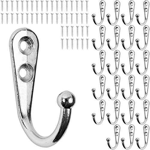 Ganci da avvitare, 24 pezzi, in argento, esterno 42 x 27 x 13 mm, gancio singolo incl. viti per legno, ganci per cappotti per porte, bagni, cucine, corridoi, ganci in metallo per il fai da te