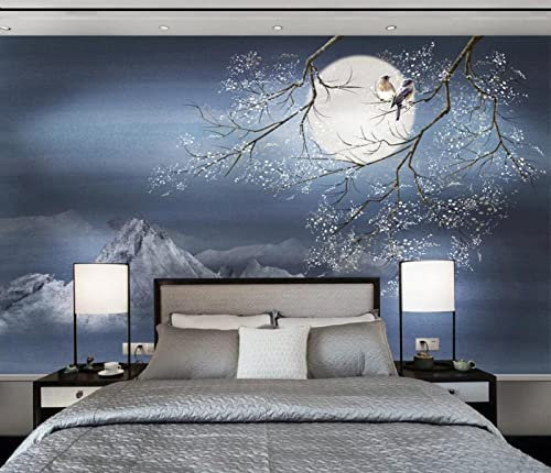 QEETapete Papier Peint Panoramique Fleurs et oiseaux de lune Papier Peint Nature Intissé Murale Chambre Salon Murales 300x210cm